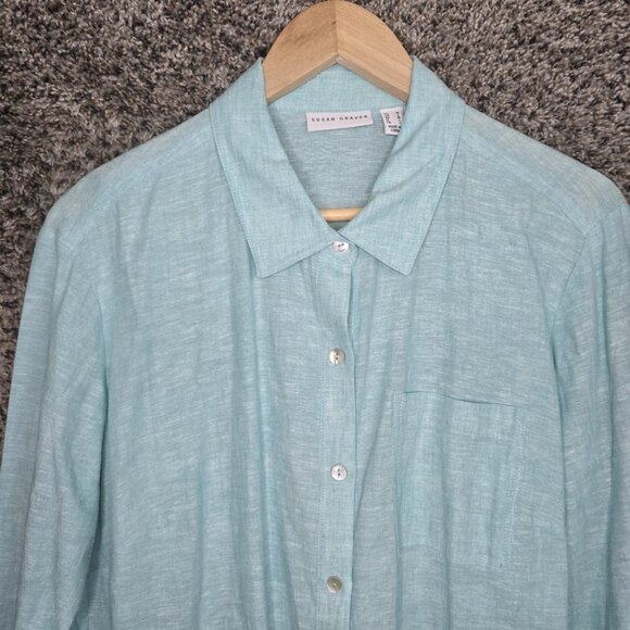 Susan Graver Top Womens Medium Blue Linen Blend Button Up Roll Tab Sleeve Ladies - Picture 4 of 7